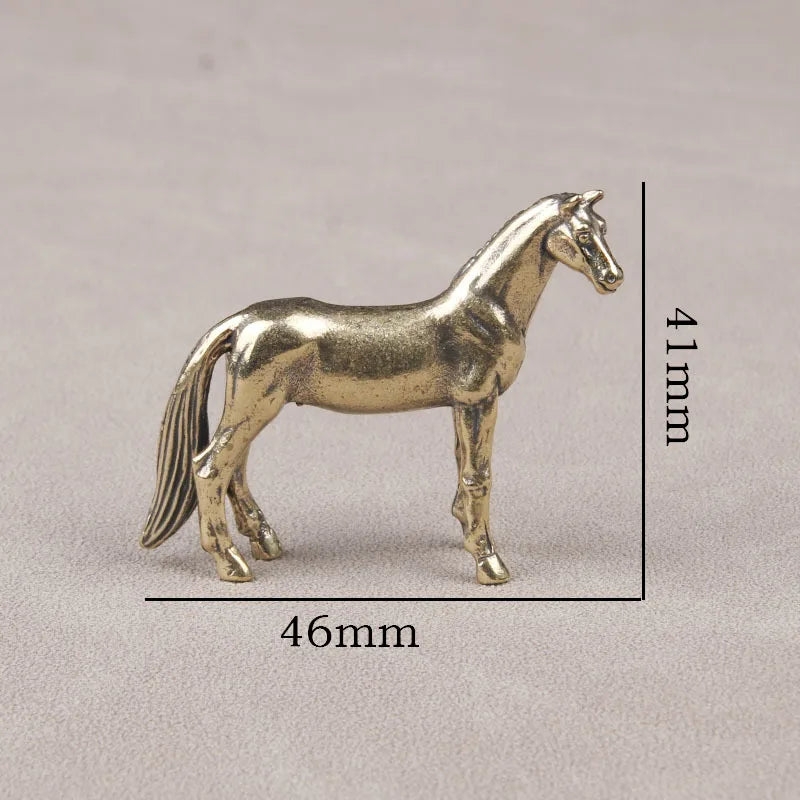 Antique Brass Solid Long Tail Horse Figurines Miniatures Feng Shui Ornaments Copper Zodiac Animal Mini Desktop Decoration Crafts