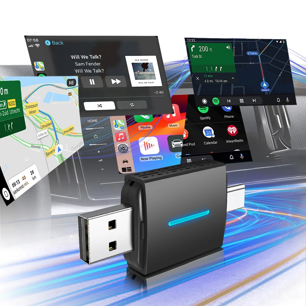 2in1 Wireless CarPlay Adapter&Android Auto Mini Box Carplay Wired to Wireless Bluetooth Plug and Play Dual interface Type-C/USB