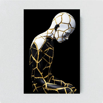 Unique Kintsugi Black Gold & White Portrait of A Person Poster Canvas Painting Modern Wall Art Interiors Living Room Home Decor